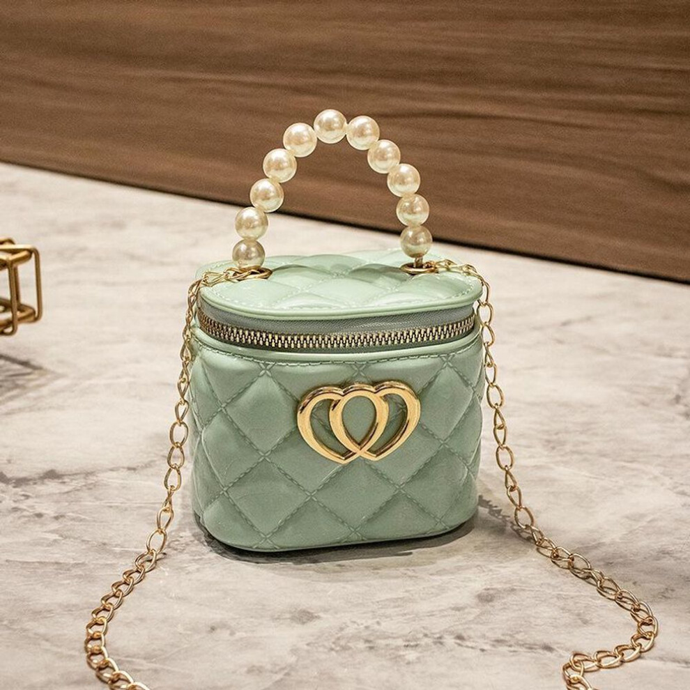 (green) 2023 Fashion Diamond Mini Bucket Jelly Bag With Double Heart Decoration - Women's Shoulder Messenger Bag