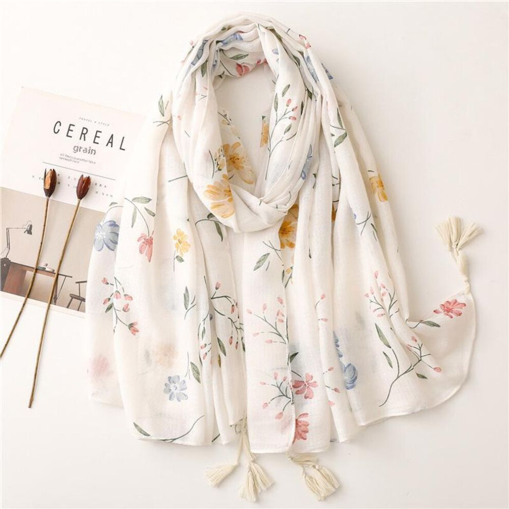 (180x90 cm) Women's Cotton & Linen Scarf With White Floral Prints And Handmade Tassels