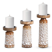 Pillar Candle Holders- Rustic White Hand Carved Mango Wood Candle Holders for Pillar Candles in Home  Living Room  Kitchen or Table Centerpiece Set of