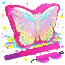 Vlinderpinata voor verjaardagsfeestjes Kleurrijke vlinderpinata met stok en blinddoek Vlinderthema Feestdecoratie Kleine Pinata Feestartikelen (16 x