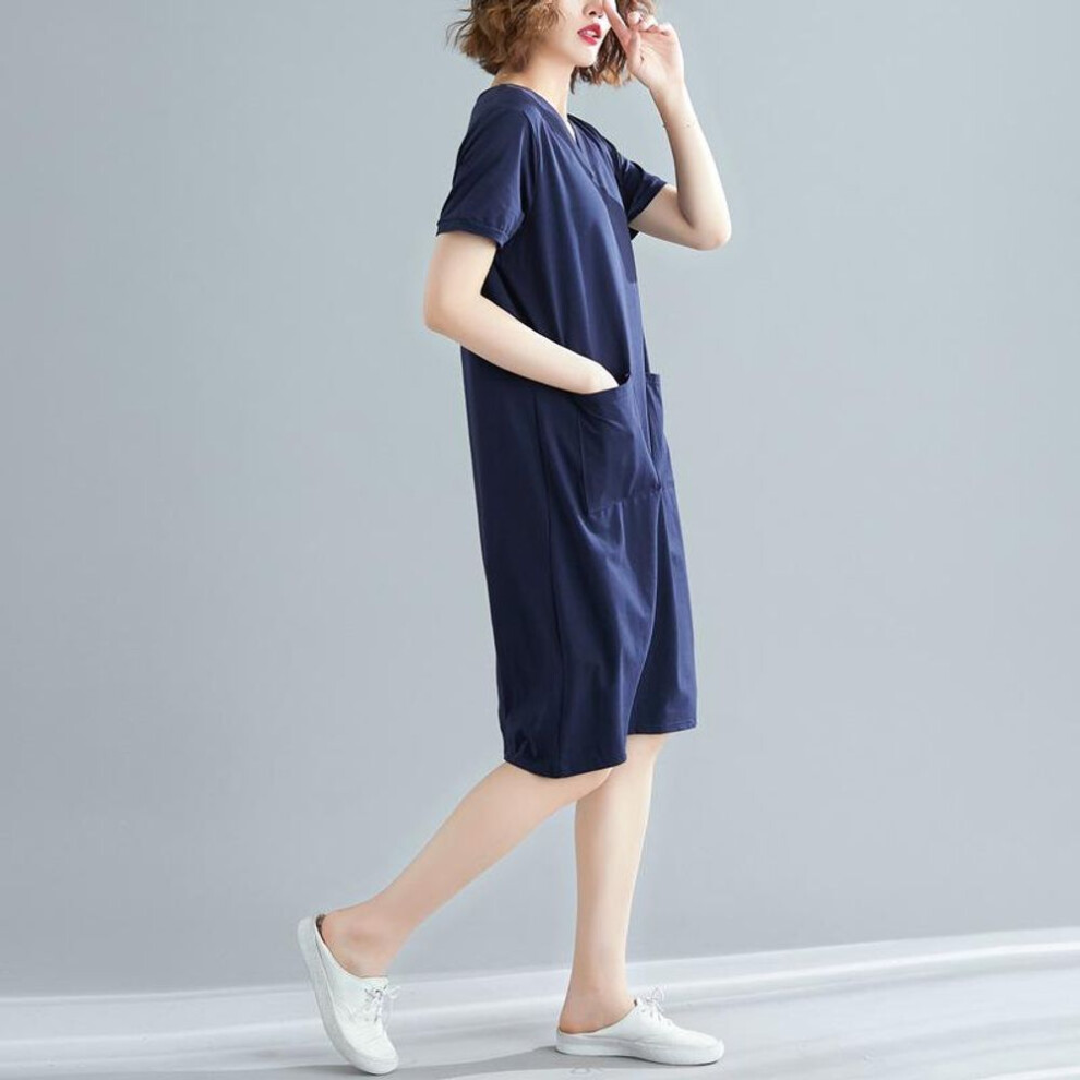 (blue, XX-Large) Plus-size Women's Korean Style V-neck Short-sleeve T-shirt Dress