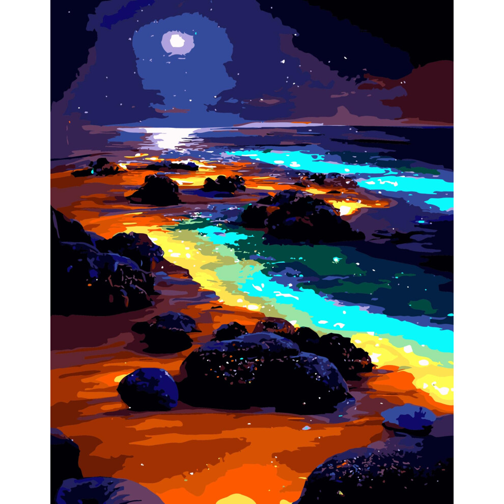 Kit De Pintura Por N Meros Yunnuo Para Adultos: Escena Nocturna Junto Al Mar. Kits De Pintura Por N Meros Para Adultos Sobre Lienzo. Kits De Pint-image