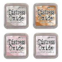 Tim Holtz Ranger Distress Oxide Ink Bundle O - Vier 3" x 3" Pads - Milled Lavender, Victorian Velvet, Pumice Stone, Rusty Hinge