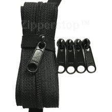 Cremalleras YKK por yarda, 4.5 bobinas, cadena con tiradores - Fabricadas en EE. UU. (1 yarda de cinta para cremallera y 4 tiradores negros)