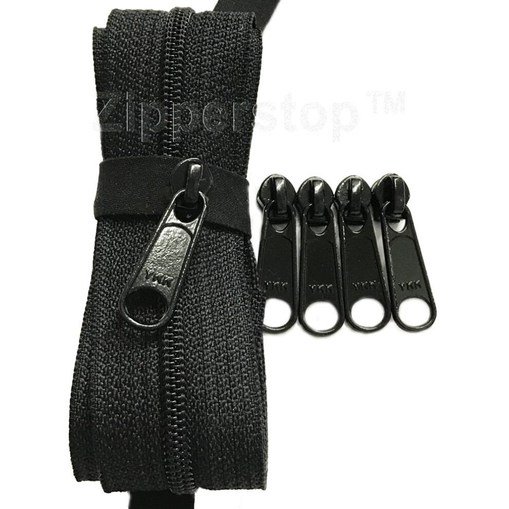 YKK ritsen per meter 4,5 spiraalritsen ketting met trekkers - Gemaakt in de VS (1 meter ritsband en 4 trekkers zwart)