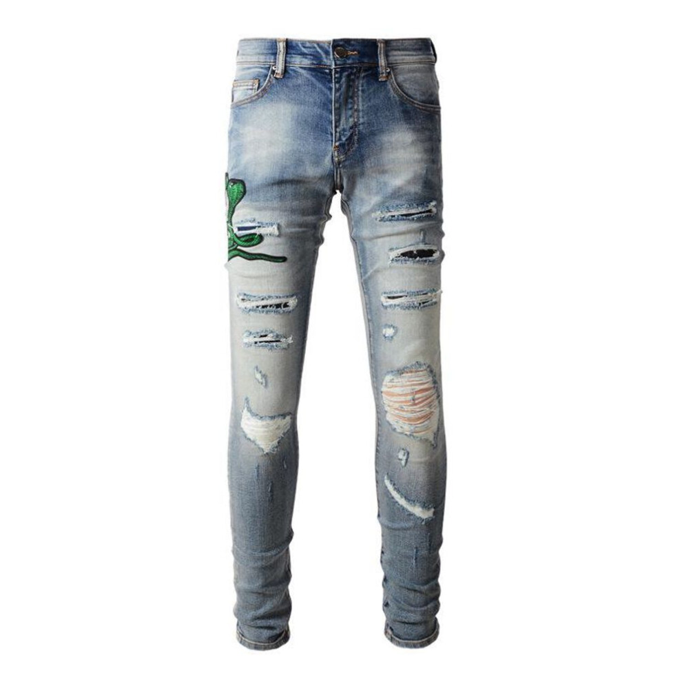 (33) "Men's Snake Embroidery Ripped Skinny Jeans - European/American High Street Fashion