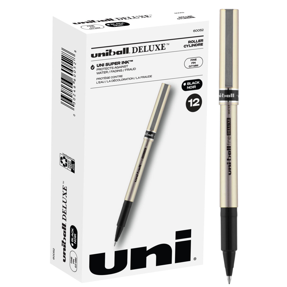 Uni-ball Uniball Deluxe Rollerball Pen - 12 Black Pens 0.7mm Fine Point Roller Pens - School & Office Supplies Ink Pens Teacher Pens Smooth Writing Pens -
