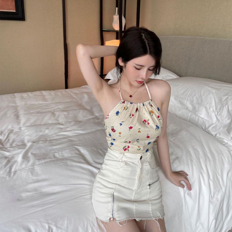 (One Size) Backless Bow Knot Halter Vest With Drawstring, Small Floral Print - Summer 2025 Women's Fashion
