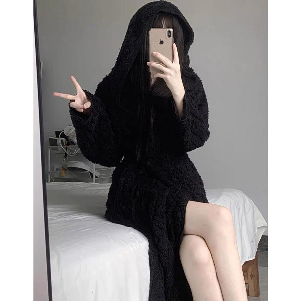 (2XL) "women's Flannel Hooded Nightgown Pajamas - Black Thick Warm Coral Fleece, Large Size