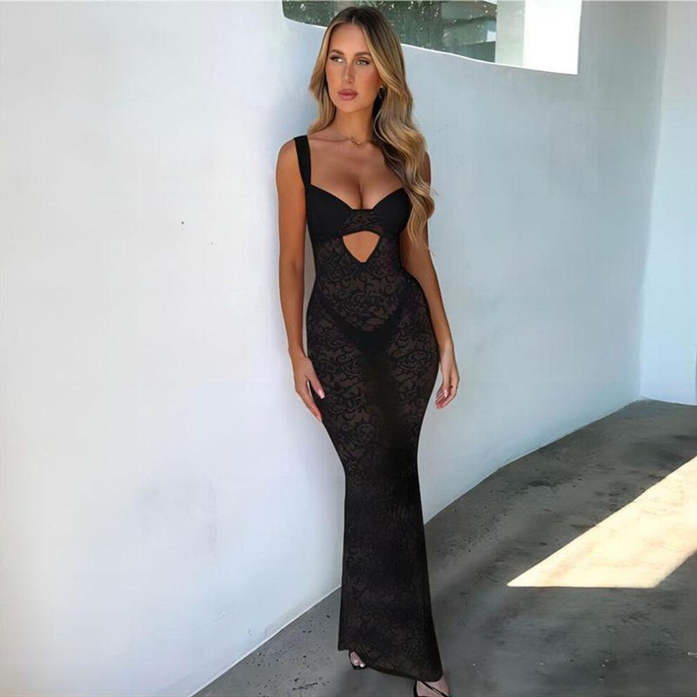 (black, Small) European & American Women's 2024 Autumn Winter Lace Hollow-Out Waist Midi Dress