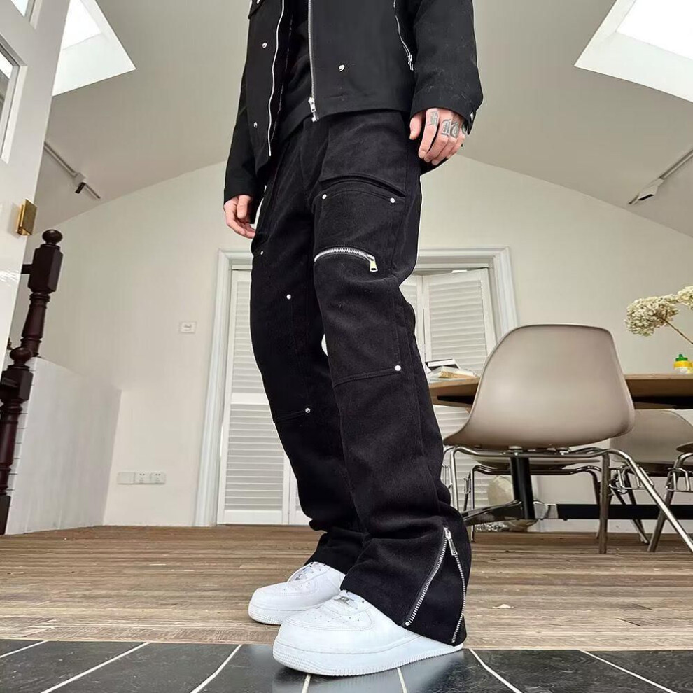 (black, M) European & American High Street Men's Slim Fit Zipper Slit Hip-Hop Jeans