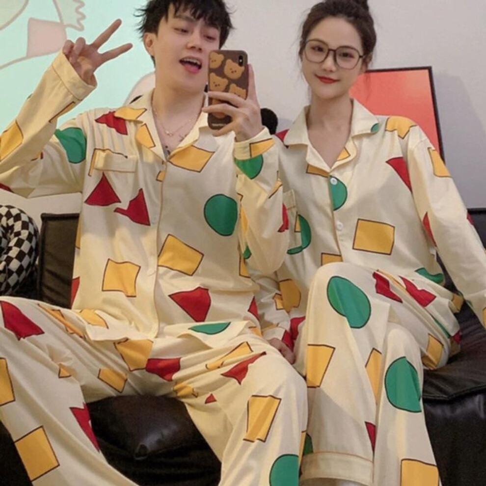 (Women's L) "cartoon Couple Pajamas: Long-sleeved Cardigan Suit For Men & Women, Spring/autumn, 180g Faux Cotton, Large Size, Student Homewear