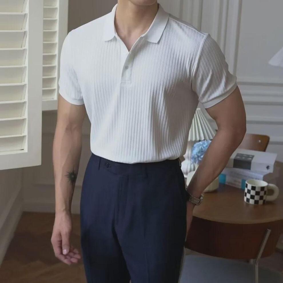 (white, 2XL) Men's Casual Retro Striped Solid Color Short-Sleeve Polo Shirt