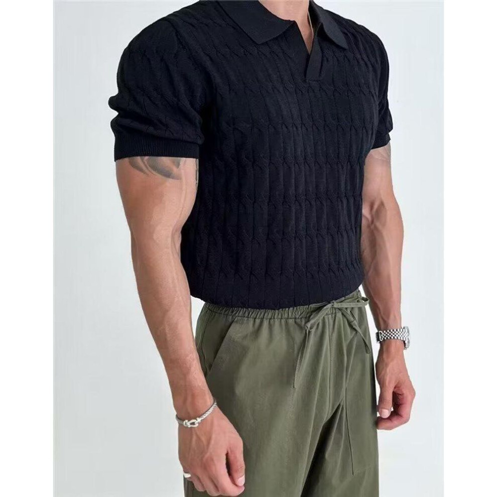 (black, XL) "Summer V-Neck Knit Men's Slim Fit Polo with Short Sleeves and Trendy Lapel