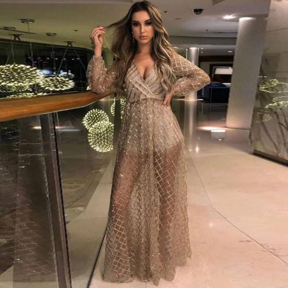(gold, L) "2025 Summer European & American Women's Sexy V-neck Backless Sequin Mesh Evening Long Dress