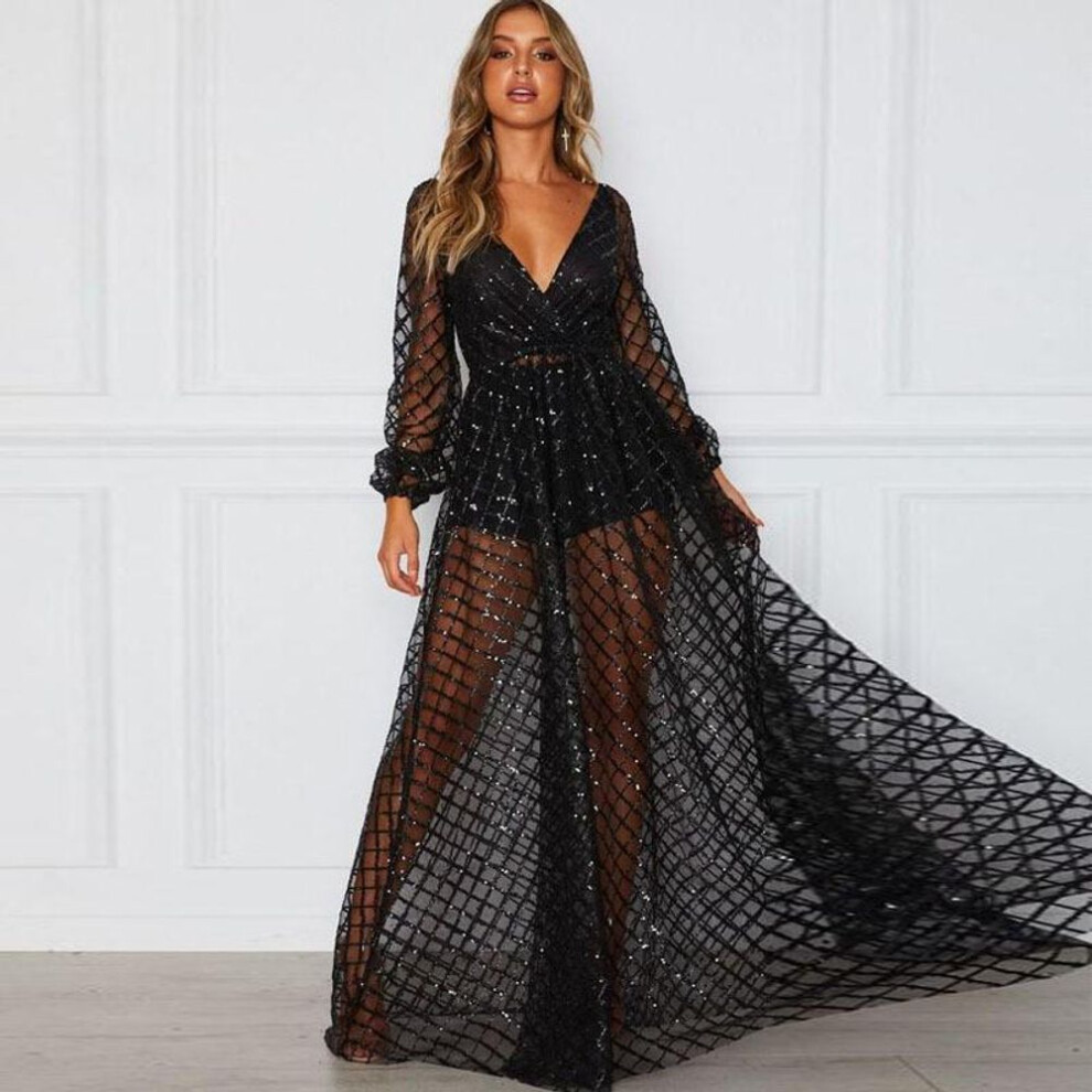 (black, S) "2025 Summer European & American Women's Sexy V-neck Backless Sequin Mesh Evening Long Dress