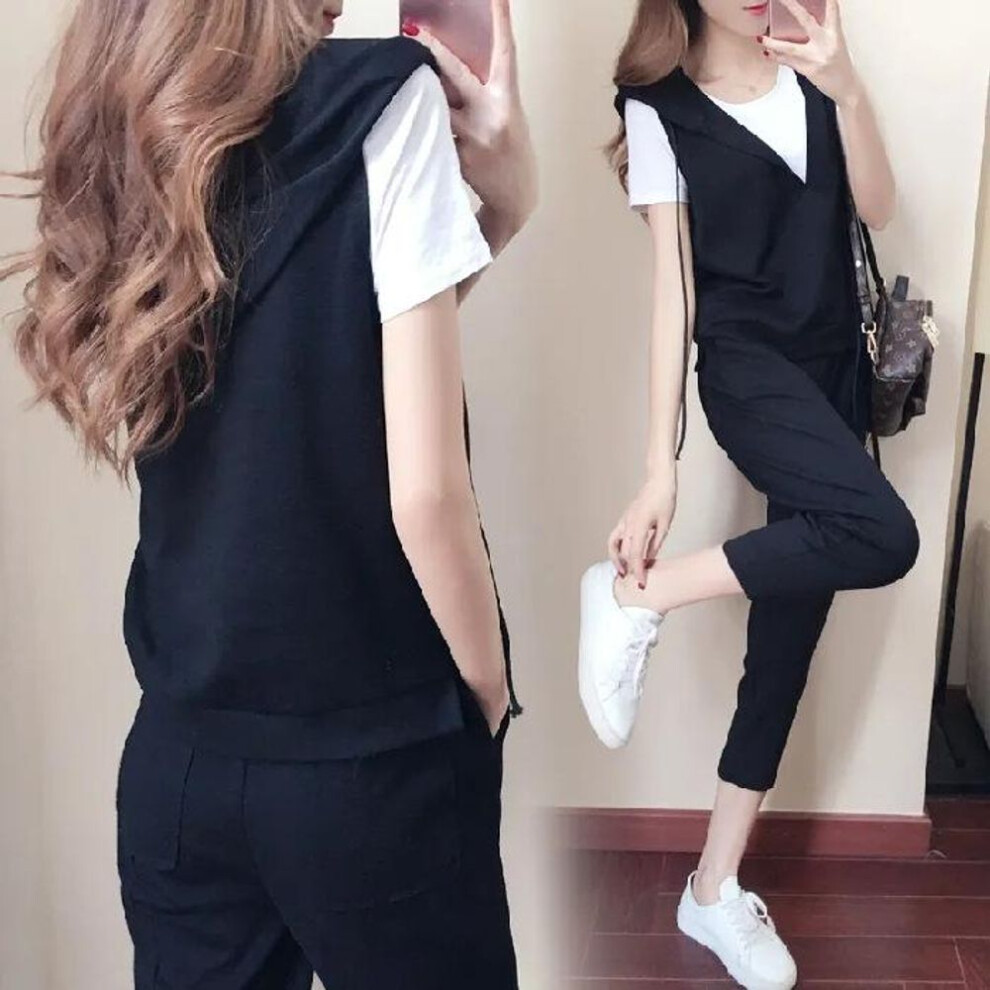 (black, XL) "2022 Summer Plus Size Women's Casual Fashion Sports Three-Piece Suit