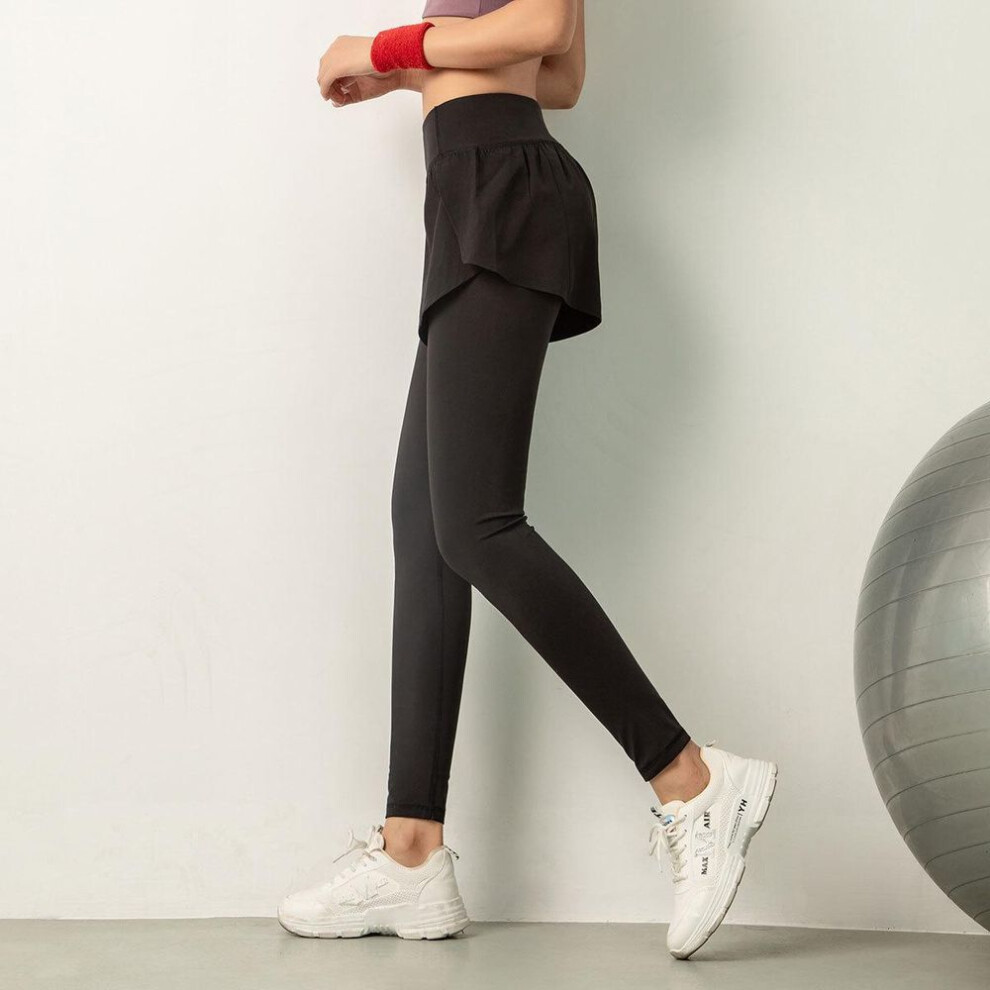 (black, M) "women's High Waist Two-piece Yoga Skirt Trousers With Pockets – Quick-dry Running Tights