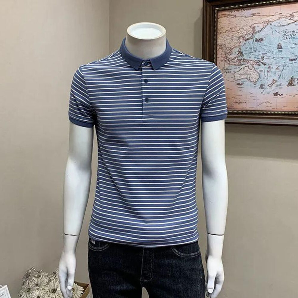 (blue, 3XL) Men's Slim Fit Striped Polo Shirt - Summer Business Casual Korean Style