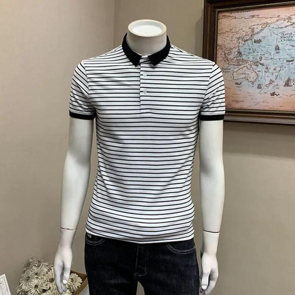(white, XL) Men's Slim Fit Striped Polo Shirt - Summer Business Casual Korean Style