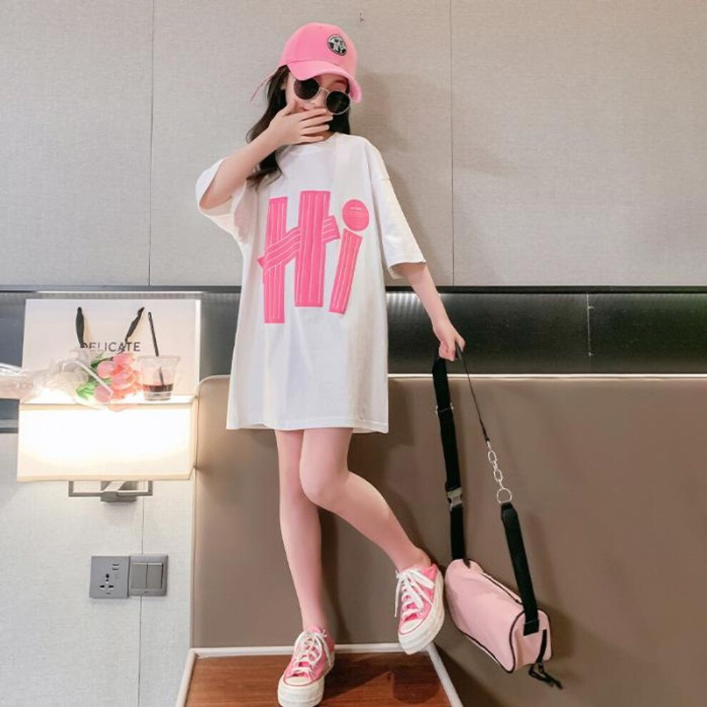(white, 110) 2023 Summer Girls' Short-Sleeved Loose T-Shirt Dress for Kids – Stylish Medium-Length Skirt