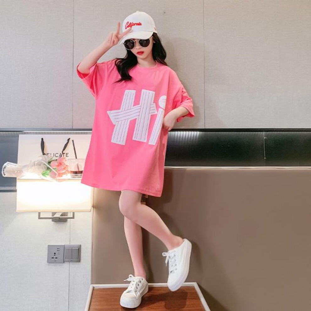 (pink, 130) 2023 Summer Girls' Short-Sleeved Loose T-Shirt Dress for Kids – Stylish Medium-Length Skirt