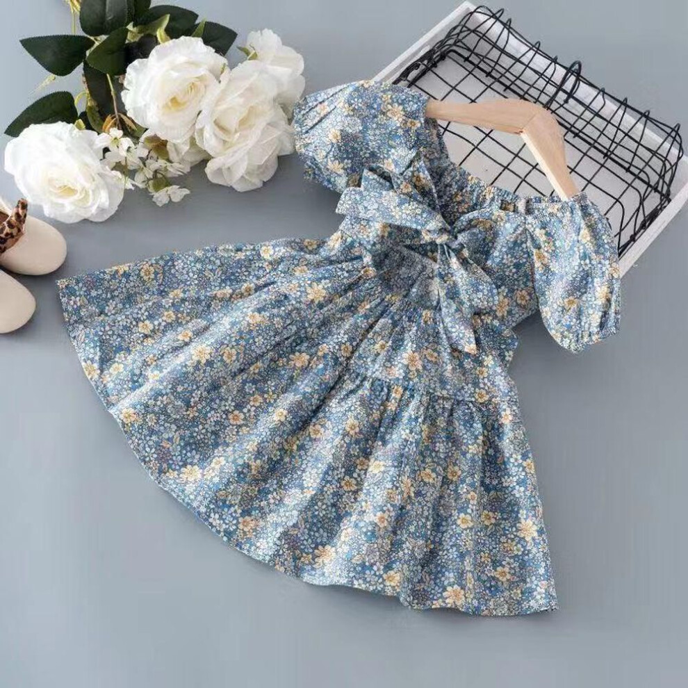 (light blue, 110cm) "2025 Summer Girls' Floral Cotton Princess Dress