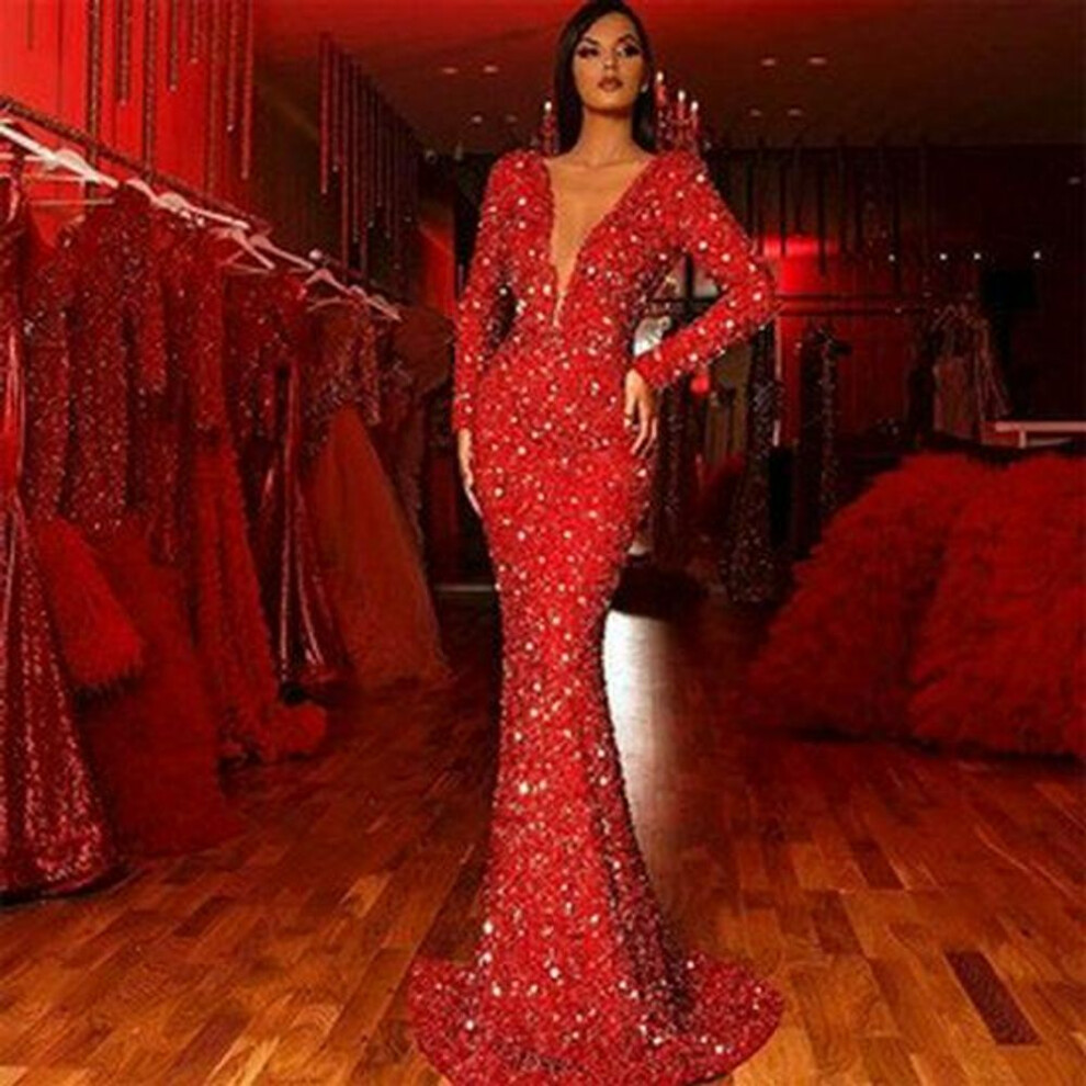 (red, XX-Large) 2025 Red Sparkling Fishtail Long Sleeve V-Neck Dress for Women