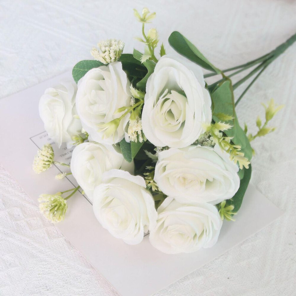 (white) "7-pronged Red Silk Rose Bouquet For Landscaping And Decor