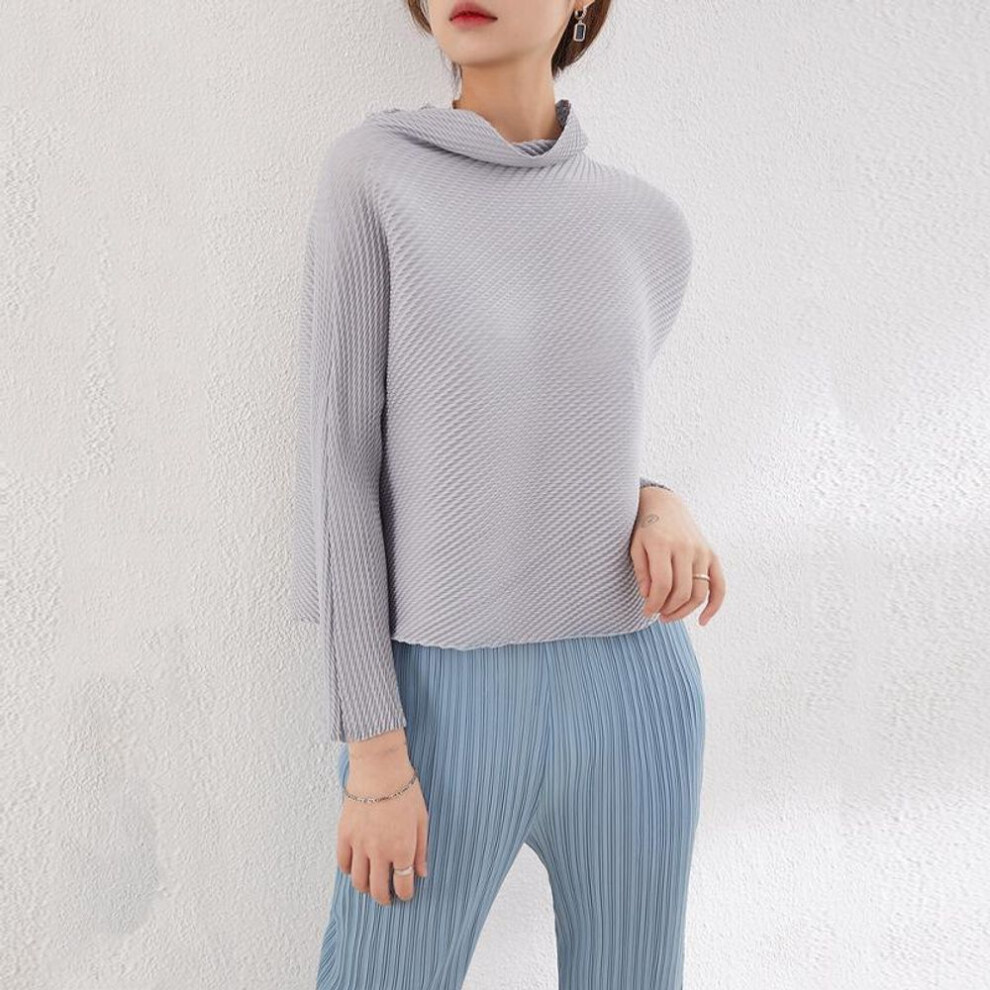 (gray, One Size (90-145)) "Miyake 2023 Autumn/Winter Slim Stylish Pleated High-Collar Solid Long-Sleeve Women's T-Shirt