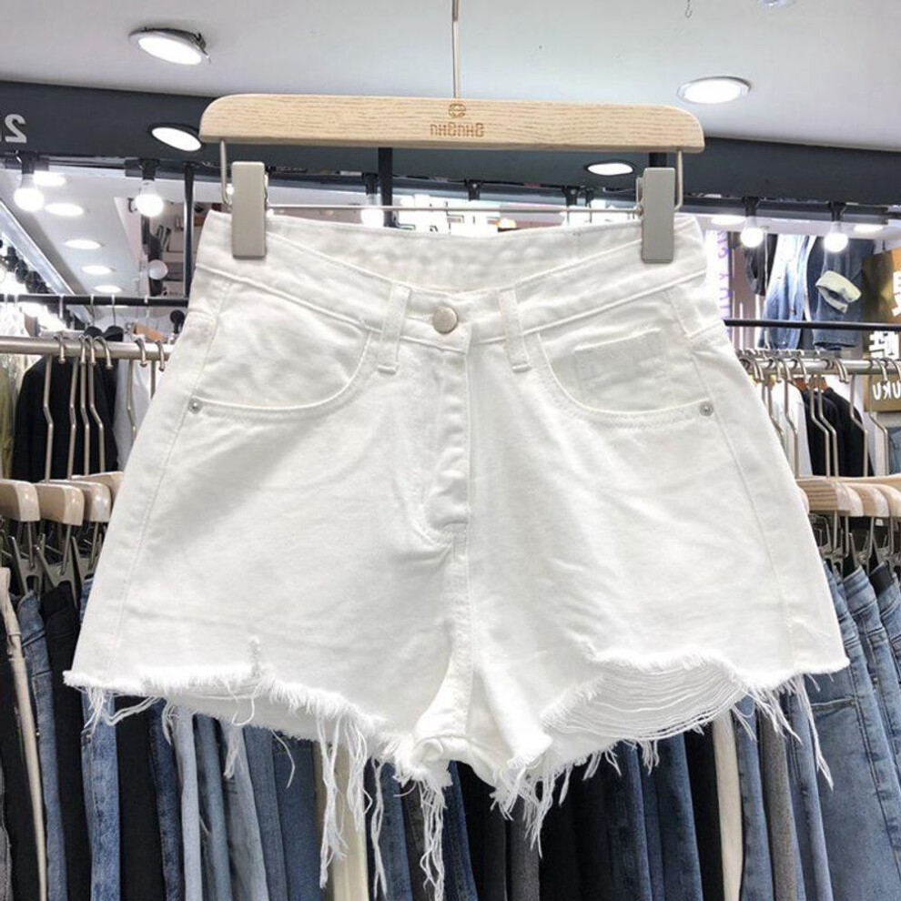 (white, 4XL) Women's Summer Black High-Waist Ripped Denim Shorts with Tassel Details
