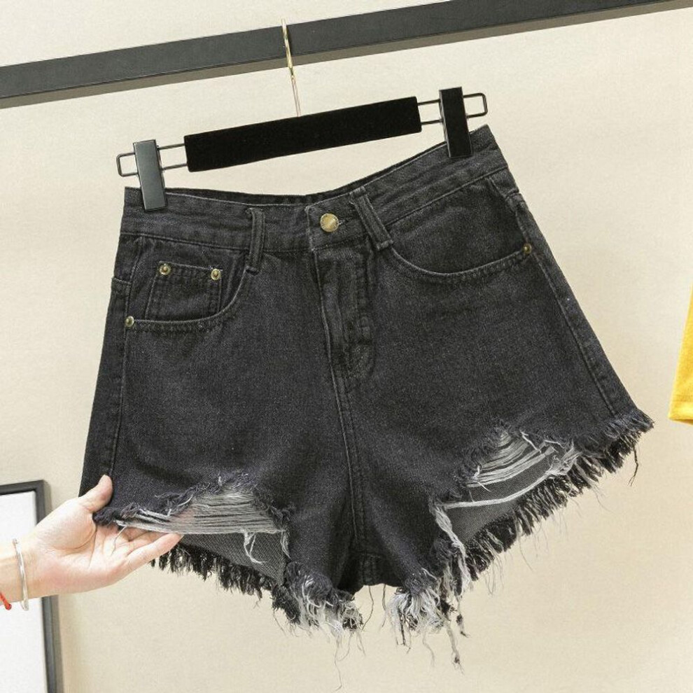 (black gray, 2XL) Women's Summer Black High-Waist Ripped Denim Shorts with Tassel Details