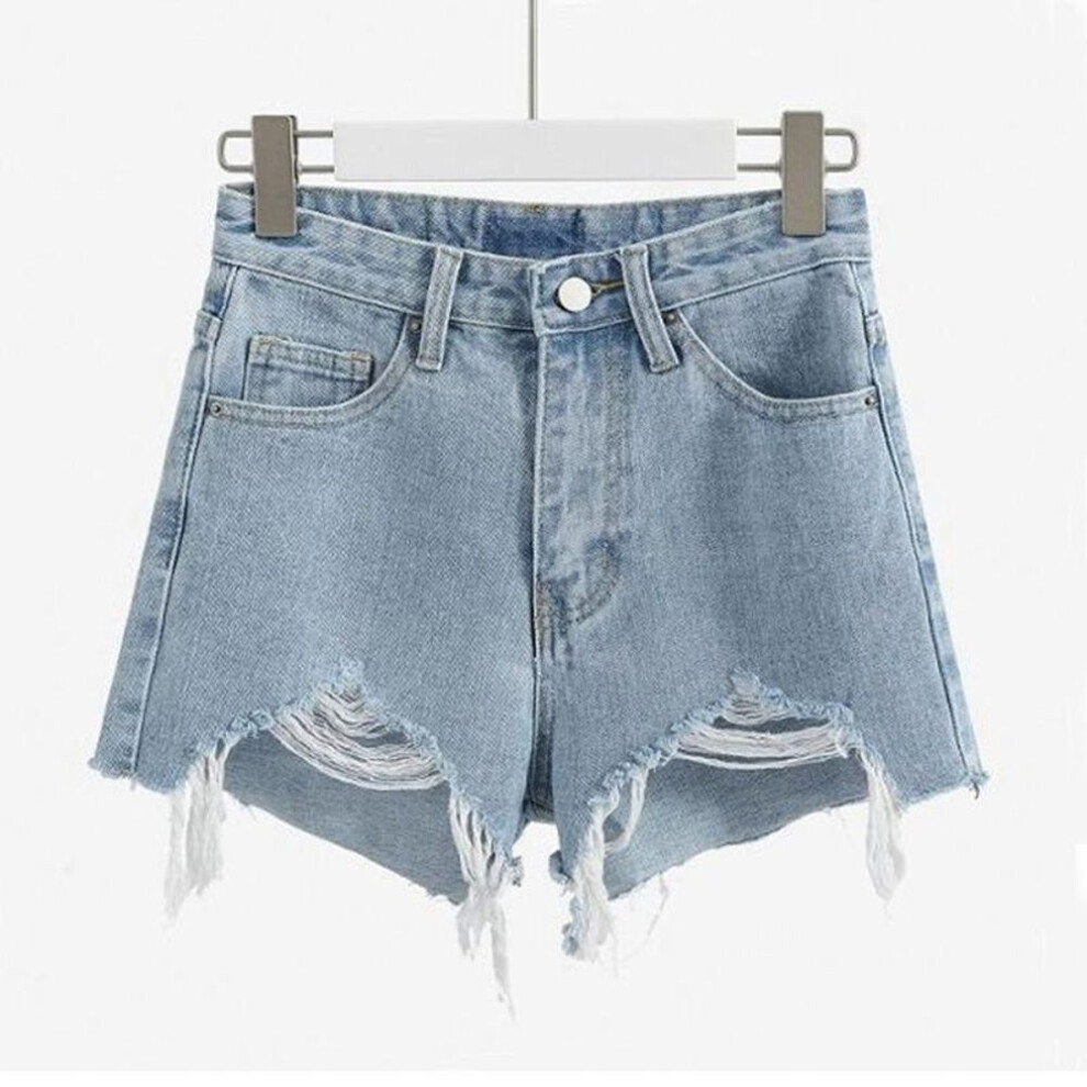 (light blue, XL) Women's Summer Black High-Waist Ripped Denim Shorts with Tassel Details