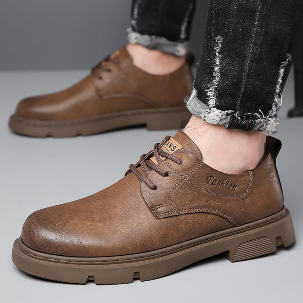 (khaki, 38) Men's Black Leather Thick-Soled Derby Shoes: Casual, Wedding, and Workwear Martin Boots.