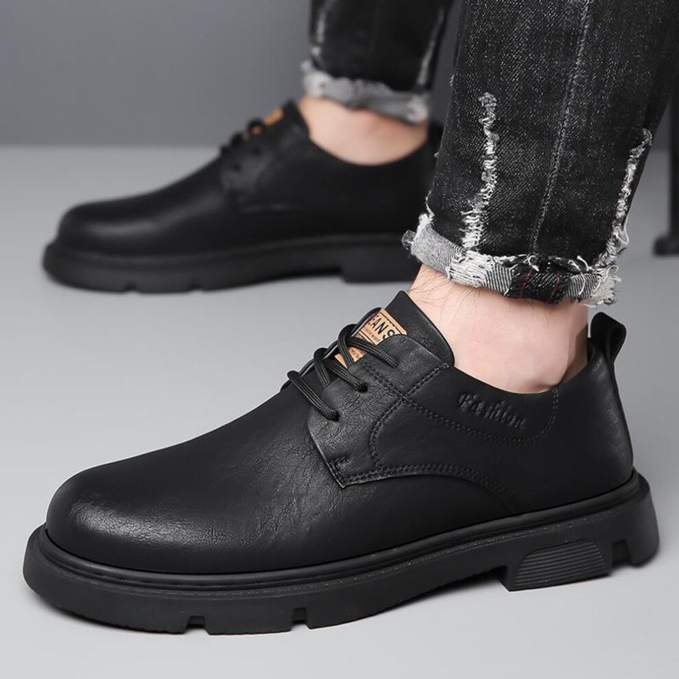 (black, 39) Men's Black Leather Thick-Soled Derby Shoes: Casual, Wedding, and Workwear Martin Boots.