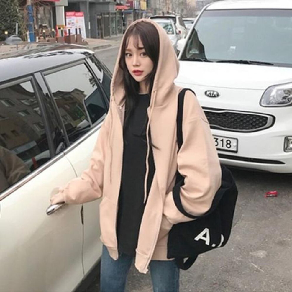 (apricot, XL) "2025 Autumn Women's Hooded Sweatshirt: Lightweight Long-Sleeve Korean Loose-Fit Zipper Jacket for Students and Sports