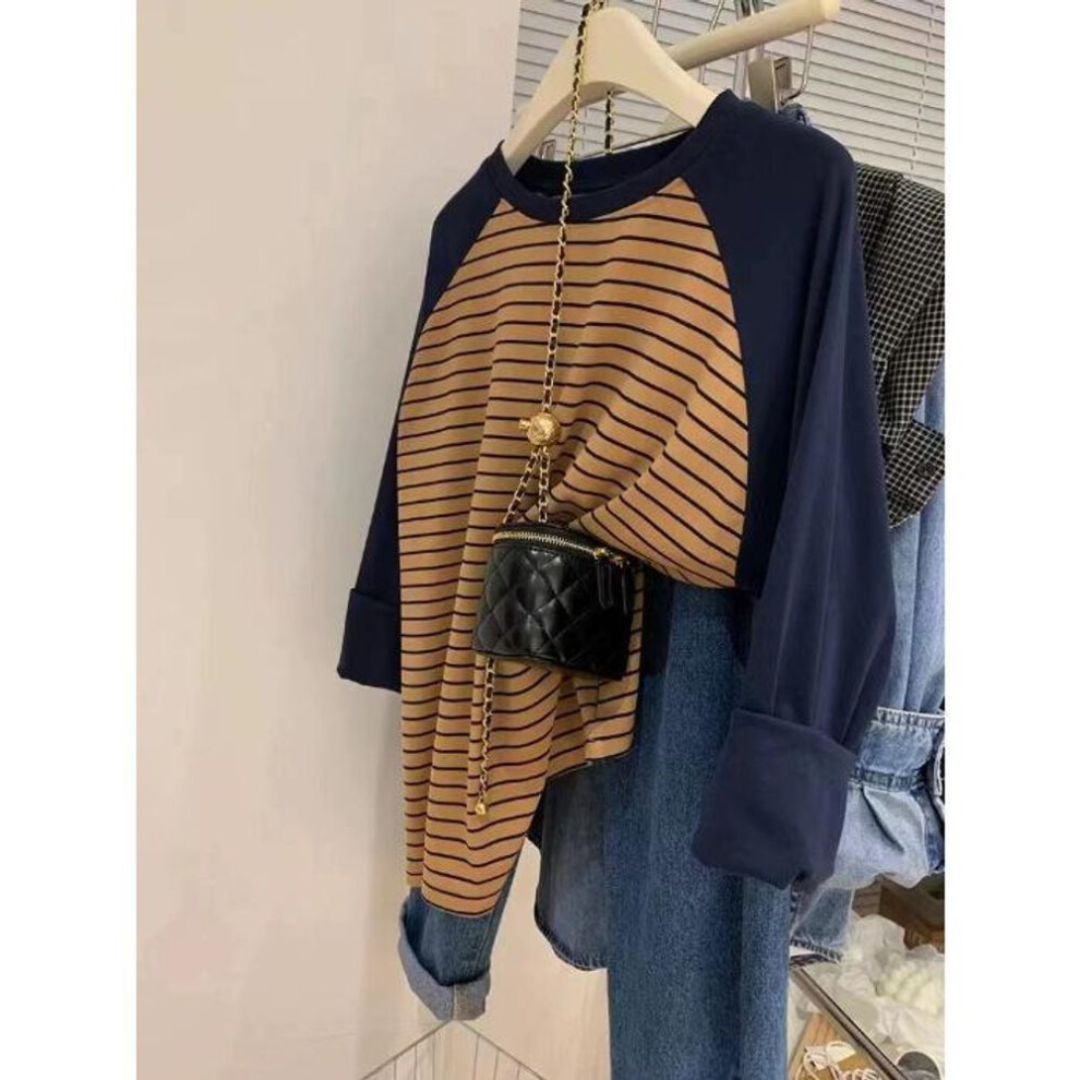 (navy,coffee, L (110-130 Jin)) Women's Plus Size Striped Raglan Long-Sleeve Cotton T-Shirt - Loose Fit for Spring & Autumn