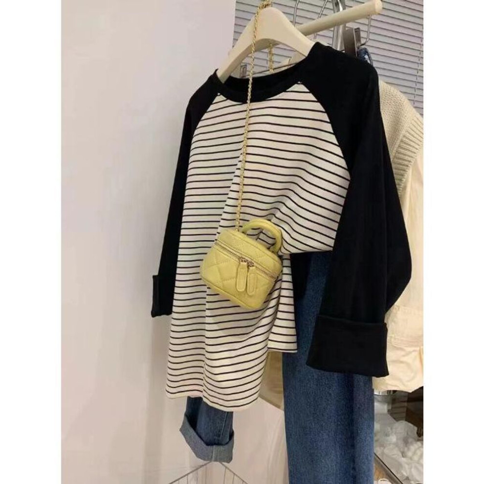 (black,white, 3XL (200-250 Jin)) Women's Plus Size Striped Raglan Long-Sleeve Cotton T-Shirt - Loose Fit for Spring & Autumn