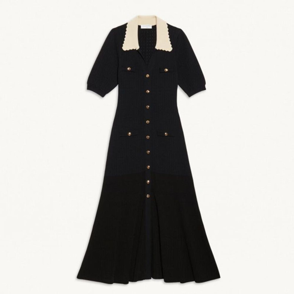(black, M) French White Lapel Lace Knitted Dress - Slim, Short Sleeve with Gold Buttons, Perfect for Early Autumn