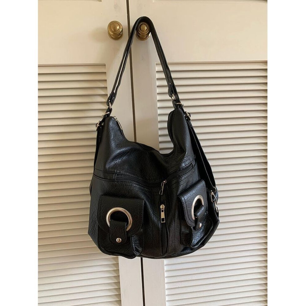 (black) "korean Style Pu Leather Multifunctional Tote & Backpack With Zipper Pocket