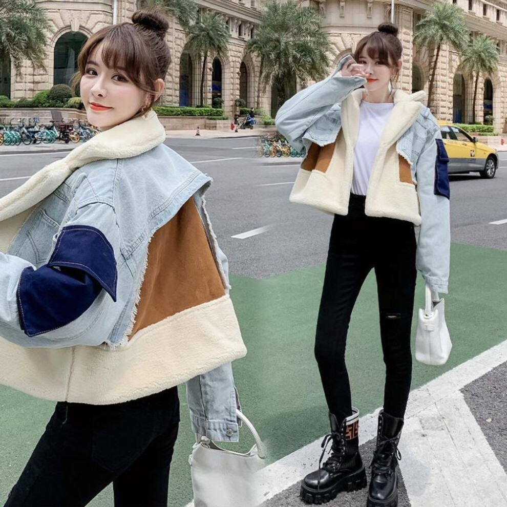 (M) Guan Xiaotong Niche Loose Short Denim Jacket with Suede Lamb Wool Fur