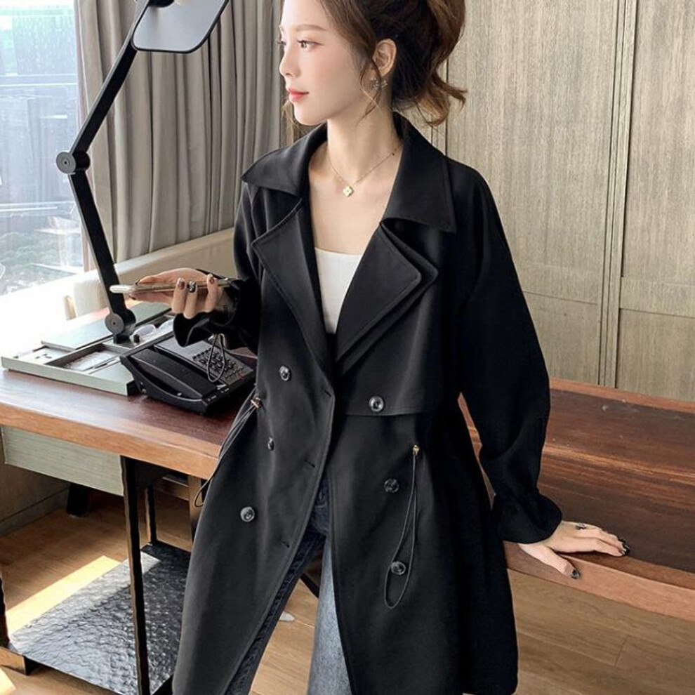 (black, S) "2025 Korean Style Women's Loose Mid-Length Windbreaker: Spring & Autumn Casual Suit Collar Jacket
