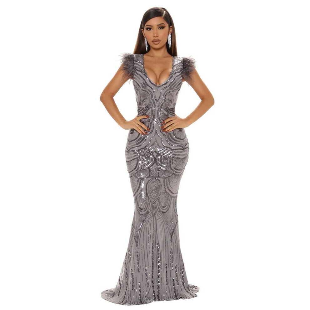 (silver, Large) "Elegant European & American Sequin Evening Dress with Feathered Shoulders
