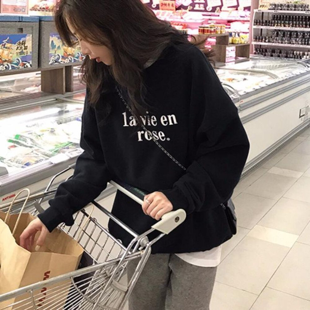 (black, 2XL) "2025 Autumn Korean Loose-Fit Letter Print Thin Sweater for Women - Long Sleeve Pullover for Students