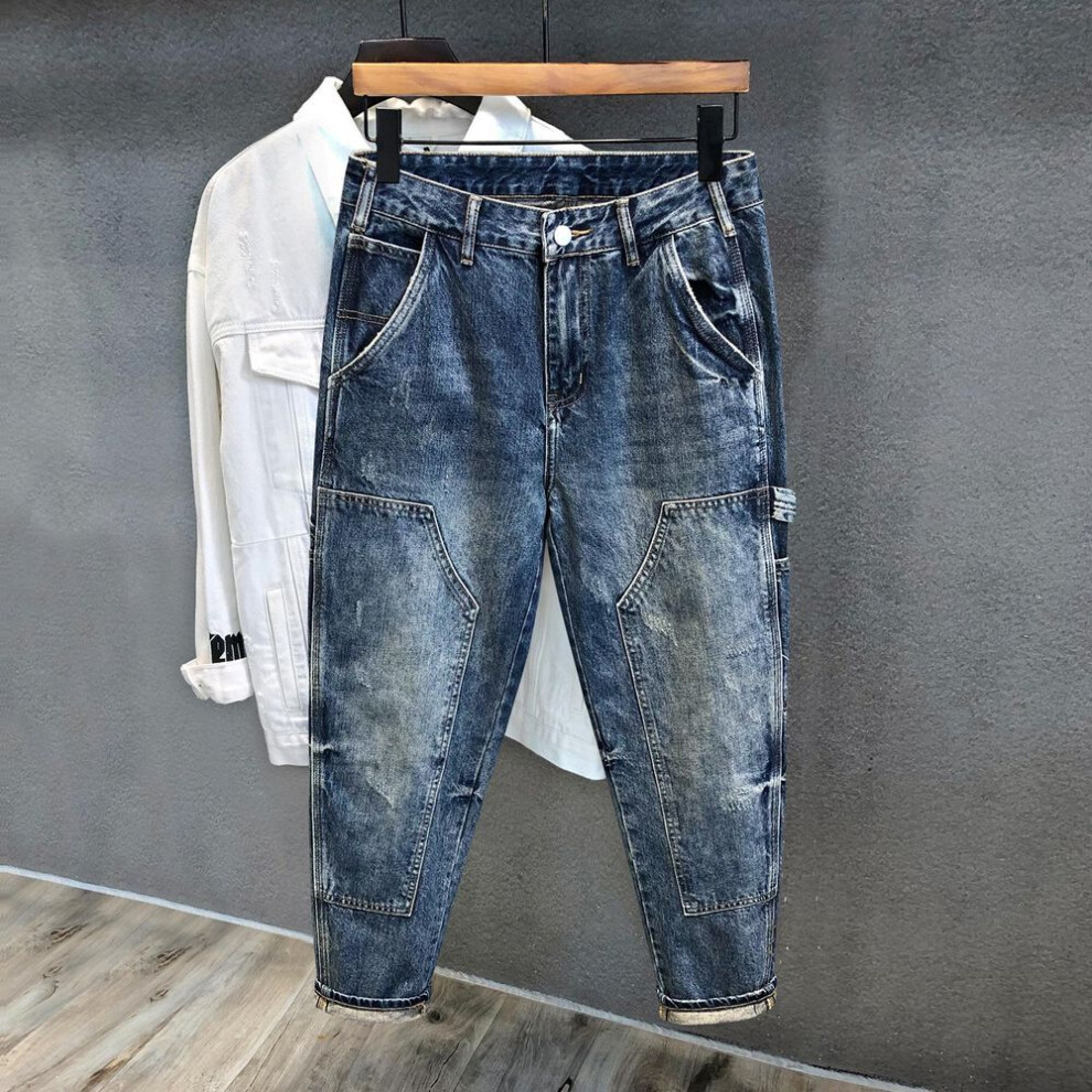 (S (80-90 kg recommended)) Men's Retro Hong Kong Style Washed Japanese Loose Straight Jeans