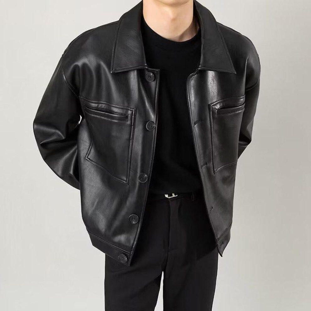 (black, L) Stylish Men's Black Leather Jacket - 2023 Korean Slim Fit Casual Style