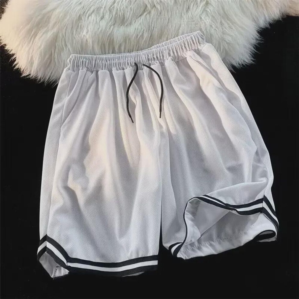 (white, L) Men's Trendy Loose Ice Silk Quick-dry Basketball Running Fitness Shorts
