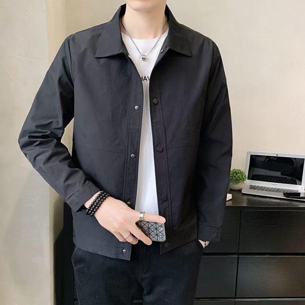 (black, XL) Men's Trendy Single-Layer Long Sleeve Lapel Jacket Shirt - Youthful Harajuku Style for Spring and Autumn