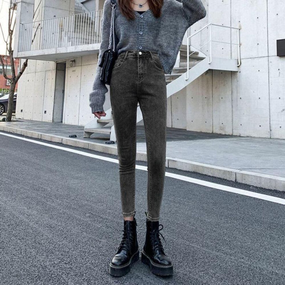 (black gray, 26) "Women's High-Waist Stretch Jeans: Korean Style, Slimming Pencil Pants for Spring & Autumn