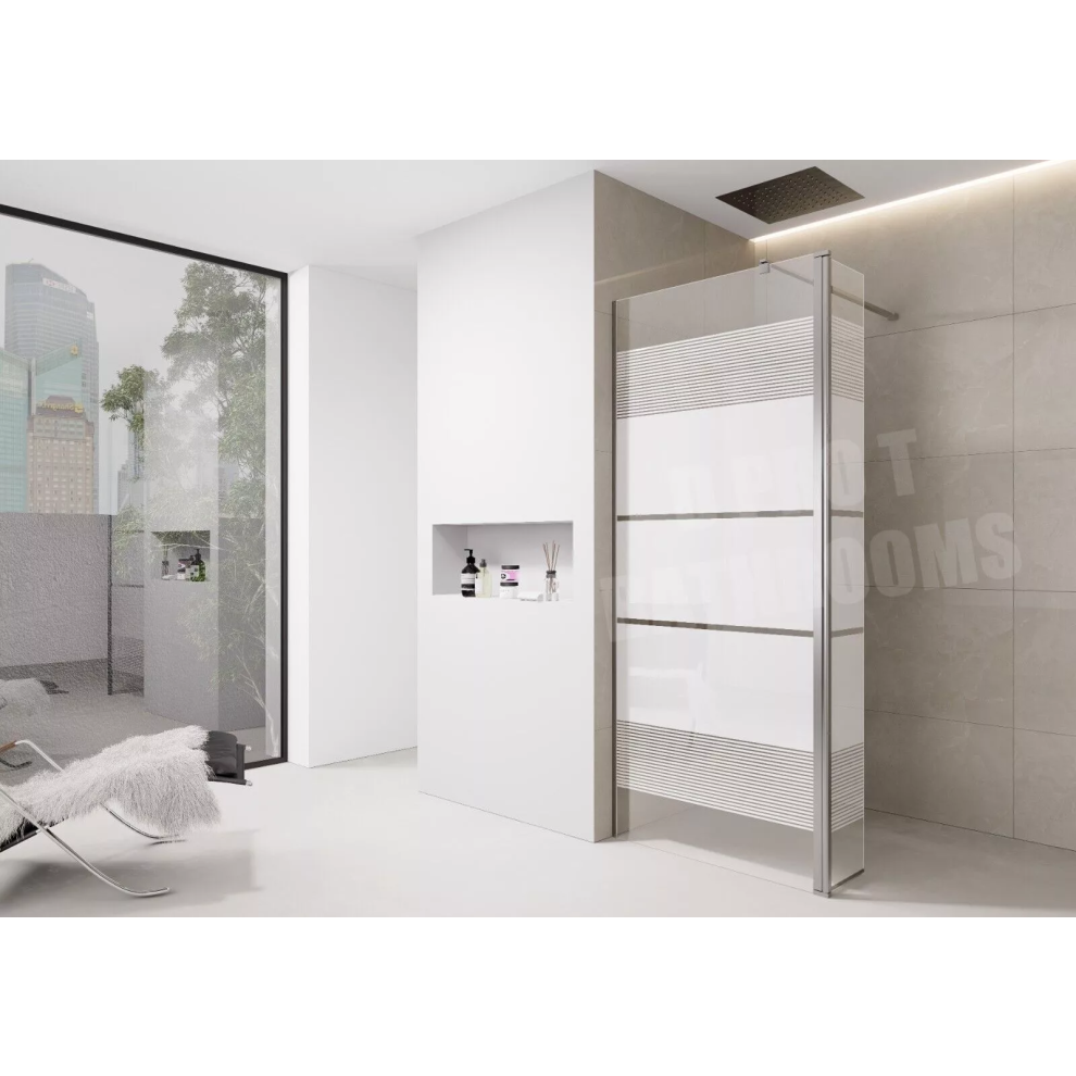 (1200Mm Screen Chrome With 300Mm Flipper) White Printed Shower Screen Walk In Wet Room Enclosure 8Mm Easy Clean Tempered Glass 5061088203016